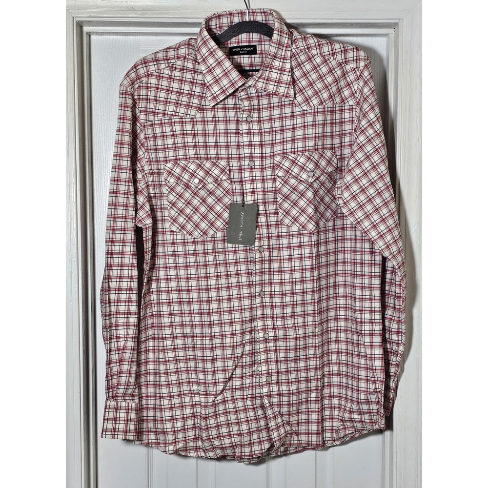 Spier & Mackay Long Sleeve Pearl Snap Shirt Size 16.5 Classic Red Plaid Large
